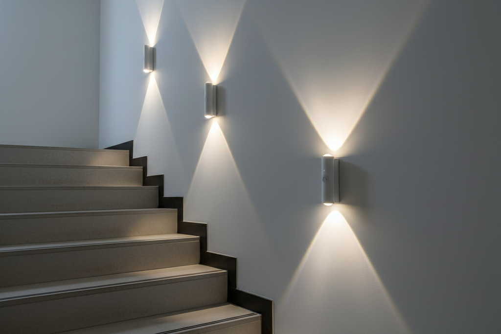 Wall sconces on stairway